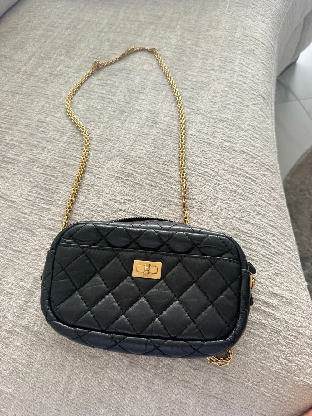 CHANEL Black Quilted Mini Camera Bag with Gold Chain